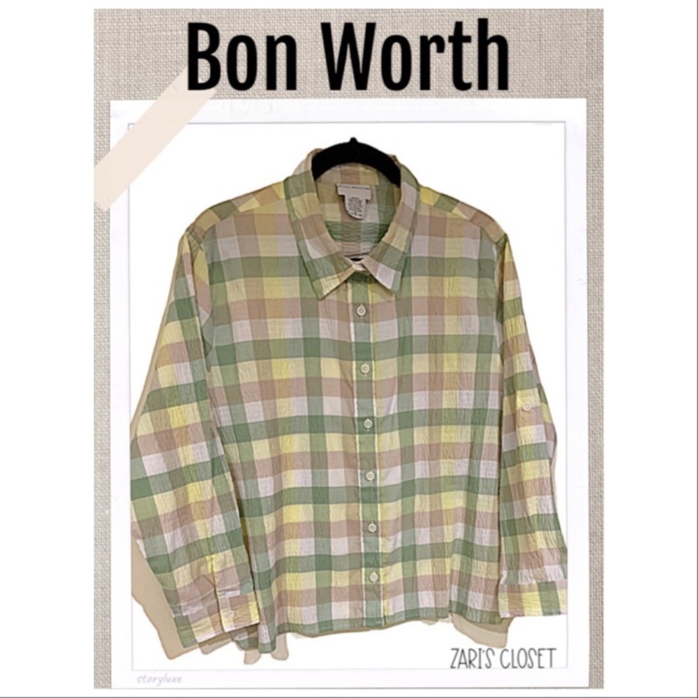 Flash Sale Bon Worth Blouse Plaid Pastel Colors Summer Blouse Size Small Petite